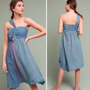 Anthropologie Maeve Wavery blue gingham plaid One Shoulder Dress 1